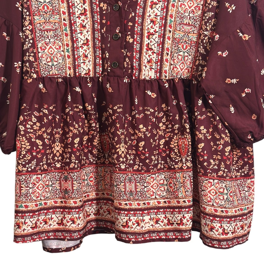 BloomChic Burgundy Boho Floral Babydoll Tunic Top Puff Sleeve Plus SZ 18-20 NWT - Picture 5 of 8